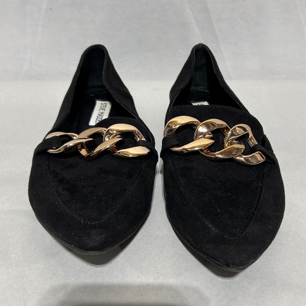 Steve Madden Flourish Loafers Womens Chain Pointed Toe Black Suede 8.5M
